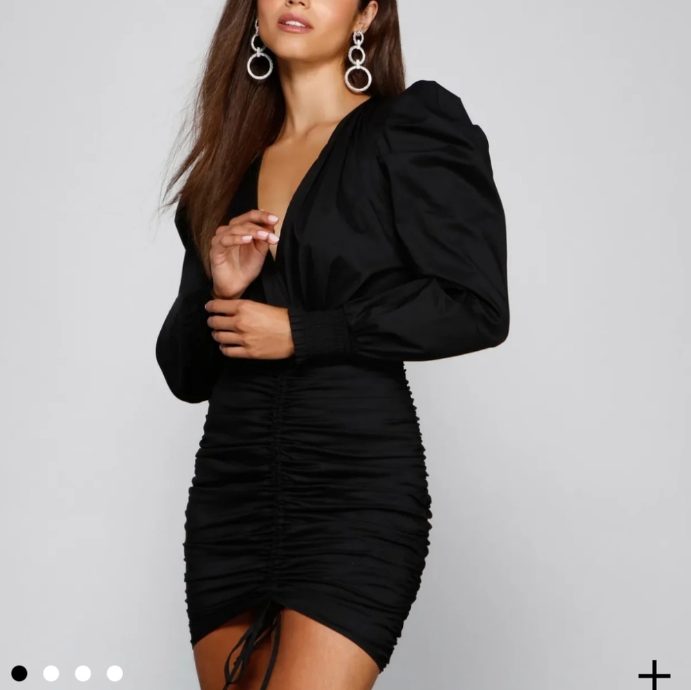 Windsor Black Trendy and Ruched Mini Dress Long Sleeve